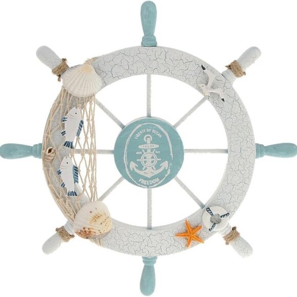 Other - Nautical beach home decor wooden boar ship steering wheel fishing net shell